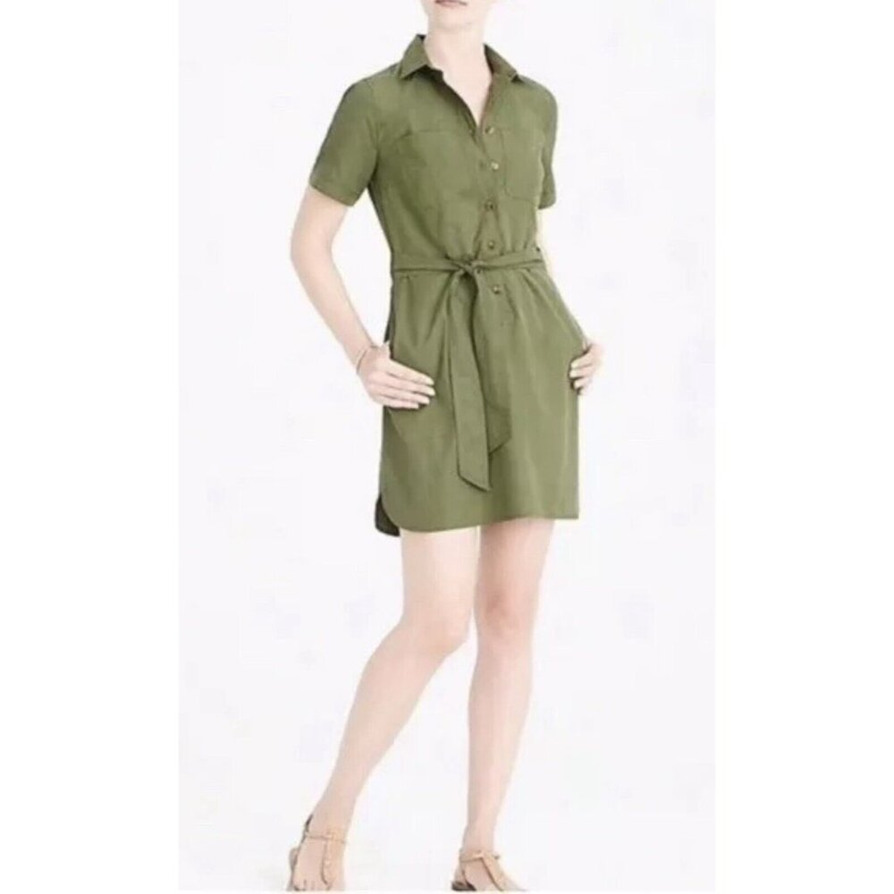 J Crew Mercantile Women Army Green Utility Shirt Dress Tie Front Pockets Size 4